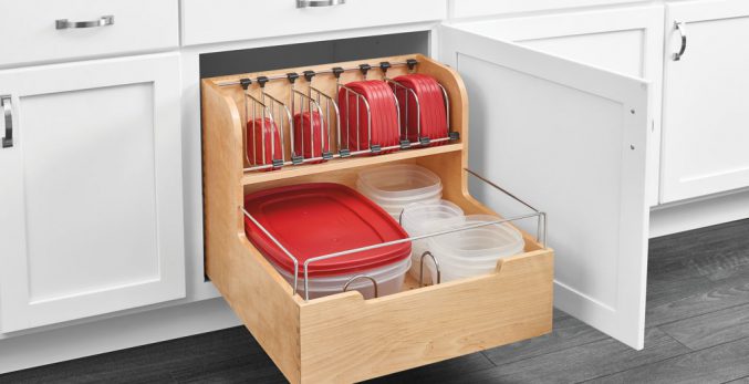 Tupperware containers and lids neatly organized in cabinet storage pull-out organizer